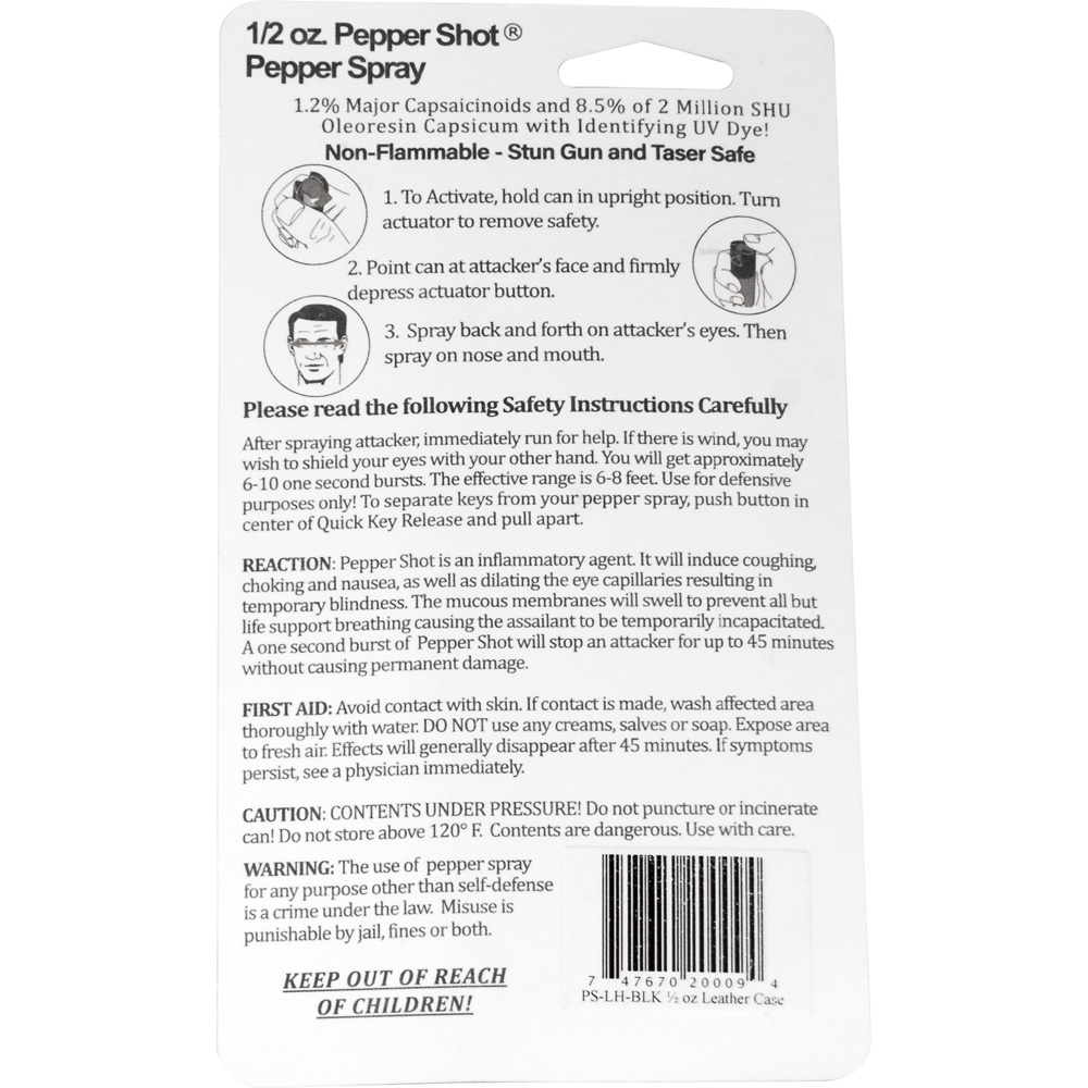 Pepper Shot 1.2% MC 1/2 oz pepper spray leatherette holster and quick release keychain black view 2
